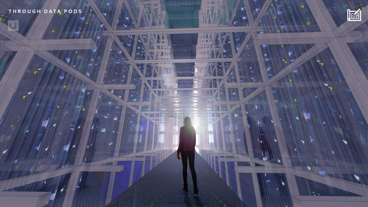 Digital Eternity — figure on a walkway inside a data cathedral of floating lights