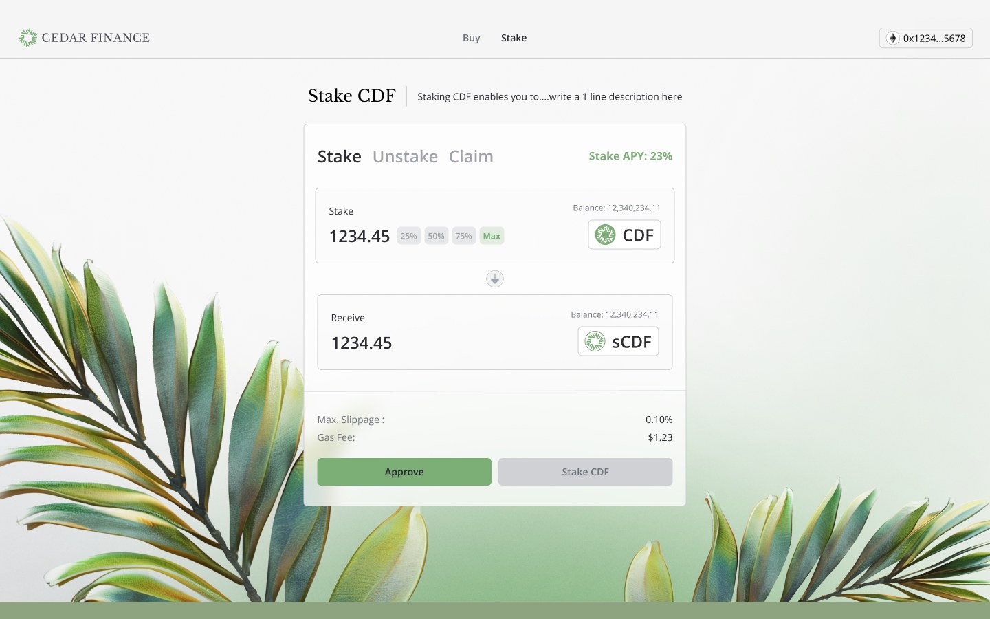 Cedar app — stake CDF flow