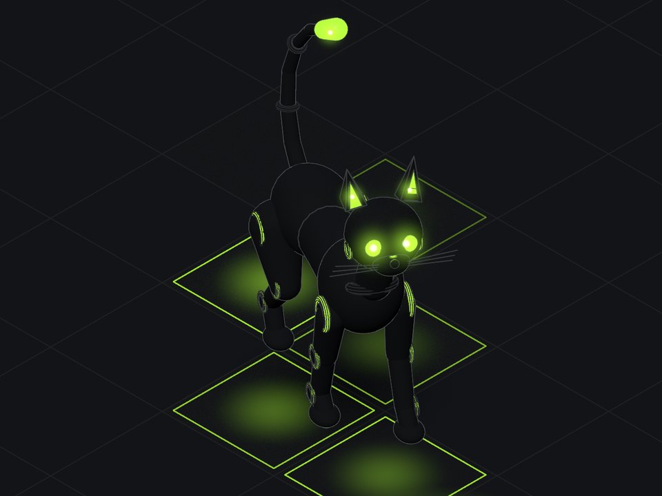 The robot cat with glowing eyes and joint rings.