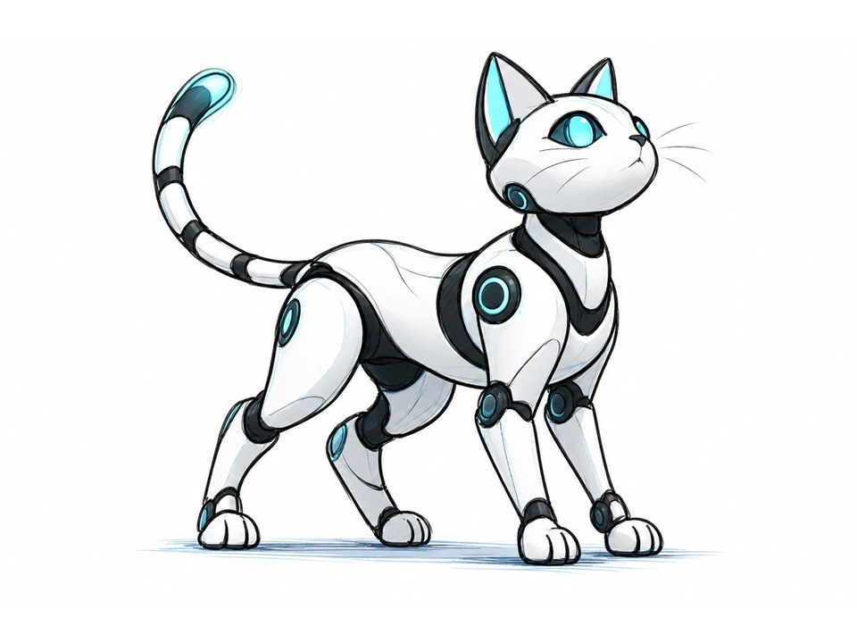 A sketch of a robot cat: white armour plates over black joints, cyan rings at the shoulders, elbows, wrists, knees and ankles, pointed ears with cyan insides, glowing eyes and a striped tail curling up to a glowing tip.